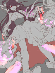  antenna_hair bandaged_arm bandages breasts cleavage commentary_request crescent danua doll draph dress female fingerless_gloves gloves glowing glowing_eyes granblue_fantasy gretel_(granblue_fantasy) grey_background hansel_(granblue_fantasy) horn_ornament horns jewelry large_breasts long_hair miwayama necklace open_mouth pink_eyes purple_hair simple_background solo spot_color standing stuffed_toy triangle_mouth 