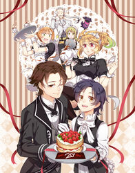  3boys 3girls ahoge alternate_costume alternate_hairstyle alvin_(butler)_(tales) alvin_(tales) anniversary ascot black_bow black_hair black_legwear black_tea blonde_hair bow bowtie braid brown_background brown_eyes brown_hair butler cake closed_eyes commentary_request cup doily double_bun elize_lutus elize_lutus_(maid) embarrassed enmaided food formal frills fruit gloves gradient_hair green_eyes green_hair hair_bun hair_ornament hairclip high_ponytail jude_mathis jude_mathis_(butler) leia_rolando leia_rolando_(maid) lowah maid maid_headdress milla_maxwell milla_maxwell_(maid) multicolored_hair multiple_boys multiple_girls official_alternate_costume one_eye_closed photoshop_(medium) ponytail red_eyes red_ribbon ribbon rowen_j._ilbert rowen_j._ilbert_(butler) short_hair smile strawberry strawberry_shortcake striped striped_background suit tales_of_(series) tales_of_xillia tea teacup teapot teepo_(tales) thighhighs tray tuxedo_shirt twin_braids white_bow white_gloves white_hair wrist_cuffs 