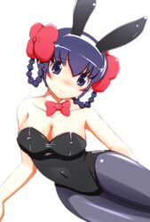  animal_ears ayukawa_tenri black_hair bow bowtie braid braided_hair_rings breasts cleavage commentary_request covered_navel detached_collar female hair_rings kami_nomi_zo_shiru_sekai large_breasts long_hair lying on_side pantyhose playboy_bunny purple_eyes rabbit_ears twin_braids yuu_yuu_(netaeshi58) 