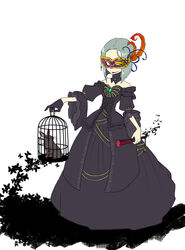  ahosinnzu bird_cage birdcage bunny cage demon&#039;s_souls domino_mask dress fan feathers feathers female flat_color formal from_software gloves lipstick makeup mask mephistopheles murai_shinobu rabbit short_hair silver_hair solo souls_(from_software) white_background 