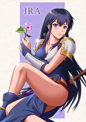  armor ayra_(fire_emblem) belt black_hair blue_eyes boots breasts bridal_gauntlets character_name cleavage commentary_request elbow_gloves female fire_emblem fire_emblem:_genealogy_of_the_holy_war flower gloves legs long_hair medium_breasts pelvic_curtain photoshop_(medium) popped_collar rakusai_(saisai_garou) shoulder_pads side_slit smile solo strap sword weapon 