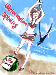  beach blindfold blush female moromoimaru ruby_rose rwby sandles scythe short_hair sky solo swimsuit watermelon 