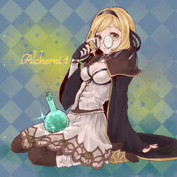  alchemist_(granblue_fantasy) beaker black_gloves black_pantyhose blonde_hair breasts capelet cleavage coat commentary_request djeeta_(granblue_fantasy) female fingerless_gloves glasses gloves granblue_fantasy hairband high_heels long_sleeves medium_breasts miwayama pantyhose purple_ribbon ribbon round_eyewear short_hair sitting skirt solo star_(symbol) white_skirt yellow_eyes 