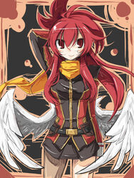  arm_behind_head arm_up bad_id bad_pixiv_id belt breasts endou_chihiro female long_hair looking_at_viewer low_wings medium_breasts red_eyes red_hair scarf shinrabanshou shiten_rekka_karin smile solo wings 