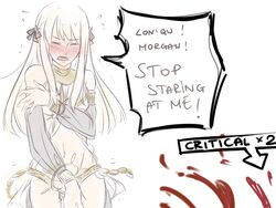  &gt;_&lt; blood blush closed_eyes commentary cosplay detached_sleeves embarrassed english_commentary english_text female fire_emblem fire_emblem_awakening full-face_blush hair_ribbon lon&#039;qu_(fire_emblem) long_hair nosebleed olivia_(fire_emblem) olivia_(fire_emblem)_(cosplay) ribbon robin_(female)_(fire_emblem) robin_(fire_emblem) solo tusia white_hair 