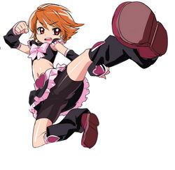  bike_shorts bike_shorts_under_skirt black_footwear boots brown_eyes brown_hair commentary_request cure_black female fighting_stance futari_wa_precure hokuto_no_ken kicking magical_girl makacoon misumi_nagisa nanto_gokuto_ken parody pose precure solo white_background 