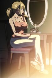  antique_phone blonde_hair breasts chains collarbone corded_phone covered_nipples cross crossed_legs earrings female halterneck indoors jewelry kamimura_akiko kouzaka_kouhei large_breasts long_hair mature_female official_art phone ponytail profile rotary_phone sisters_~natsu_no_saigo_no_hi~ sitting slippers solo talking_on_phone tank_top 