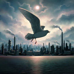  backlighting bad_id bad_pixiv_id bird city cloud dark distillation_column factory flying industrial ka92 no_humans ocean oil_refinery original outdoors refinery scenery seabird seagull sky smoke smokestack 