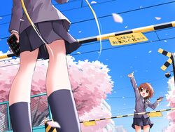  2girls :d arm_up black_necktie black_skirt black_socks blazer blonde_hair blue_sky blush boom_barrier brown_eyes brown_hair cable cellphone chain-link_fence check_commentary cherry_blossoms cherry_tree collared_shirt commentary commentary_request day falling_petals fence grey_jacket happy head_out_of_frame highres holding holding_phone jacket kill_me_baby long_hair long_sleeves miniskirt multiple_girls necktie open_mouth oribe_yasuna outdoors overhead_line petals phone pleated_skirt power_lines railroad_crossing school_uniform shirt short_hair skirt sky smile socks sonya_(kill_me_baby) standing translated tree twintails waving white_shirt wind yachima_tana 