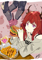  :t absurdres alternate_costume arknights bare_shoulders black_choker bra_strap burger casual choker collarbone cup disposable_cup drinking_straw female food grey_sweater highres holding holding_food horns long_hair looking_at_viewer multiple_views nail_polish off-shoulder_sweater off_shoulder pink_background pink_nails purple_eyes red_hair stg_(stg07201223) surtr&#039;s_golem_(arknights) surtr_(arknights) sweater upper_body v-shaped_eyebrows 