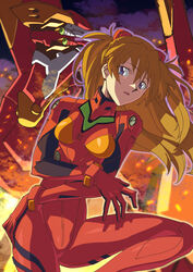  blue_eyes bodysuit breasts brown_hair eva_02 female hair_between_eyes highres interface_headset kikuta_kouichi long_hair looking_at_viewer mecha neon_genesis_evangelion open_mouth outline plugsuit red_bodysuit robot sitting skin_tight souryuu_asuka_langley 