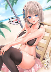  animal_ears arm_between_breasts artist_name beach between_breasts bikini black_bikini black_thighhighs blue_bow blue_eyes bow braid breasts brown_hair commentary_request day dutch_angle english_text female hairbow halterneck hand_on_own_knee hand_up highres knees_up large_breasts looking_at_viewer lutra_lutra neneru outdoors pun rescute sand short_hair side-tie_bikini_bottom sitting solo speech_bubble square_live swimsuit tail thighhighs virtual_youtuber water 