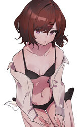  absurdres bad_id bad_pixiv_id black_bra black_panties blush bra breasts brown_hair commentary english_commentary expressionless female hair_ornament hairclip highres higuchi_madoka idolmaster idolmaster_shiny_colors looking_at_viewer mole mole_under_eye ocha_(popopogg) panties partially_undressed purple_eyes shirt short_hair simple_background sitting small_breasts solo swept_bangs underwear wariza white_background white_shirt 