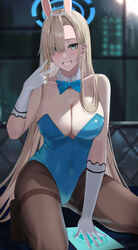  absurdly_long_hair animal_ears asuna_(blue_archive) asuna_(bunny)_(blue_archive) blonde_hair blue_archive blue_bow blue_bowtie blue_eyes blue_leotard bow bowtie breasts brown_pantyhose cleavage detached_collar fake_animal_ears female gaitoou gloves grin hair_over_one_eye hairband halo hand_up highres kneeling large_breasts leotard long_hair looking_at_viewer mole mole_on_breast no_shoes official_alternate_costume pantyhose playboy_bunny rabbit_ears smile solo straight_hair strapless strapless_leotard tablet_pc thighband_pantyhose tiptoes v very_long_hair white_gloves white_hairband 