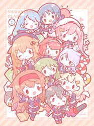  6+girls anchor animal_on_head bird bird_on_head black_gloves black_serafuku black_skirt blonde_hair blue_hair blue_sailor_collar braid brown_hair bucket chains chibi closed_mouth elbow_gloves failure_penguin flower gloves green_hair grin hair_between_eyes hair_flaps hair_ornament hair_ribbon hairband hairclip harusame_(kancolle) heart highres index_finger_raised innertube kantai_collection kawakaze_(kancolle) kawakaze_kai_ni_(kancolle) long_hair miss_cloud multiple_girls murasame_(kancolle) murasame_kai_ni_(kancolle) musical_note nada_namie on_head one_eye_closed open_mouth parted_lips pink_hair pleated_skirt red_hair ribbon sailor_collar samidare_(kancolle) scarf school_uniform serafuku shigure_(kancolle) shigure_kai_ni_(kancolle) shiratsuyu_(kancolle) shiratsuyu_kai_ni_(kancolle) signature simple_background single_braid skirt smile spoken_musical_note suzukaze_(kancolle) swim_ring torpedo two_side_up umikaze_(kancolle) umikaze_kai_ni_(kancolle) white_scarf yamakaze_(kancolle) yamakaze_kai_ni_(kancolle) yuudachi_(kancolle) yuudachi_kai_ni_(kancolle) 