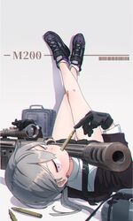  ammunition backpack bag barcode black_footwear black_gloves black_necktie black_skirt blush bolt_action brown_jacket cartridge character_name cheytac_m200 chromatic_aberration commentary_request female girls&#039;_frontline gloves grey_background grey_hair gun hair_between_eyes headphones headphones_removed highres jacket kuro_kosyou legs legs_up long_hair long_sleeves low_ponytail lying m200_(girls&#039;_frontline) muzzle_device necktie on_back pleated_skirt purple_eyes revision rifle scope shirt shoes simple_background skirt sneakers sniper_rifle socks solo weapon white_shirt white_socks 