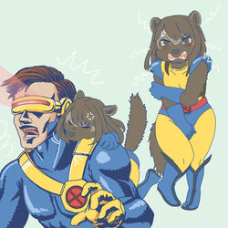  1:1 alternate_species anthro belt bite blue_boots blue_clothing blue_footwear blue_gloves blue_handwear bodysuit boots bottomwear breasts brown_body brown_eyes brown_fur brown_hair brown_nose clothed clothing covering covering_crotch covering_self cross-popping_vein cyclops_(marvel) digital_media_(artwork) duo ekaki510 female fingers footwear frown fur furrification gloves gulonine hair handwear human humor laser laser_eyes latex male mammal marvel mtf_crossgender muscular muscular_male mustelid musteline open_mouth parody red_belt rule_63 sharp_teeth simple_background size_difference skinsuit tail teeth tight_clothing tongue topwear wolverine wolverine_(marvel) x-men yellow_clothing yellow_gloves yellow_handwear 