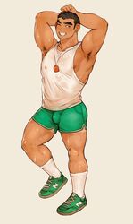  1boy armpit_hair armpits arms_behind_head bara black_hair blush bulge contrapposto covered_abs covered_nipples dark-skinned_male dark_skin dolphin_shorts earrings full_body green_shorts highres jewelry large_pectorals leg_hair lim_kim-liong_(shan) long_sideburns male_focus muscular muscular_male nipple_slip nipples original pectorals see-through shan_(shanshankuo) shirt shoes short_hair shorts sideburns sidepec smile sneakers socks solo sweat tan tank_top tanlines thick_eyebrows thick_thighs thighs wet wet_clothes wet_shirt white_tank_top 