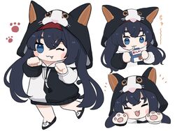  ;3 animal_hands animal_hood arknights black_footwear black_hair black_hoodie blaze_(arknights) blue_eyes blush_stickers cat_hood commentary drawstring drinking female hairband highres holding hood hoodie long_hair milk_carton multiple_views oerba_yun_fang official_alternate_costume one_eye_closed paw_pose red_hairband slippers someyaya thick_eyebrows two-tone_hoodie white_hoodie 