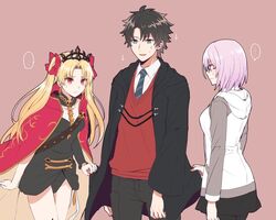  ... 1boy 2girls black_eyes black_hair blonde_hair breasts cloak clothes_grab commentary_request crown dress ereshkigal_(fate) fate/grand_order fate_(series) fujimaru_ritsuka_(male) fujimaru_ritsuka_(male)_(mage&#039;s_association_uniform) girl_sandwich glasses hood hooded_jacket hoodie jacket jacket_tug jewelry long_hair looking_at_another mash_kyrielight multiple_girls necklace necktie official_alternate_costume open_mouth panties pantyhose purple_dress purple_hair purplewis red_background red_eyes sandwiched shidomura shirt short_hair simple_background skirt speech_bubble spoken_ellipsis twintails underwear uniform vest 