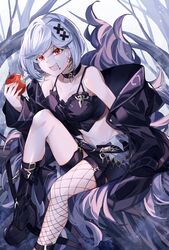  absurdres alter_ego_malevolent_(granblue_fantasy) apple bad_id bad_twitter_id black_camisole black_footwear black_jacket black_nails black_shorts boots camisole choker commentary crumbs diamond_earrings djeeta_(granblue_fantasy) earrings feather_boa female fishnet_legwear fishnets food food_on_face foot_out_of_frame fruit granblue_fantasy grey_hair hair_ornament highres hizuki_miya holding holding_food holding_fruit jacket jewelry looking_at_viewer midriff off_shoulder open_mouth outdoors red_eyes shin_strap short_hair shorts single_leg_pantyhose smile solo spaghetti_strap tree x_hair_ornament 