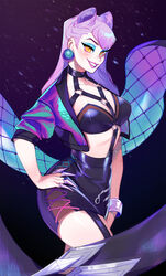  asymmetrical_bangs between_breasts black_choker black_garter_straps black_skirt blue_eyeshadow blue_jacket blush bracelet breasts choker commentary cone_hair_bun cowboy_shot cropped_jacket drop_earrings earrings english_commentary evelynn_(league_of_legends) eyeshadow female garter_straps hair_bun hand_on_own_hip highres jacket jewelry k/da_(league_of_legends) k/da_all_out_evelynn league_of_legends light_particles long_hair looking_at_viewer makeup medium_breasts neon_palette o-ring open_clothes open_jacket purple_hair purple_lips revealing_clothes skirt slit_pupils smile solo strap_between_breasts yellow_eyes zambiie 