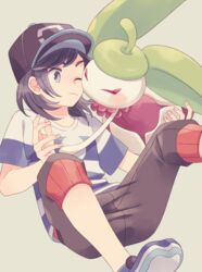  1boy baseball_cap black_hair brown_pants capri_pants closed_mouth commentary_request elio_(pokemon) fingernails grey_eyes hat highres hug komasawa_(fmn-ppp) legs_apart male_focus one_eye_closed pants pokemon pokemon_(creature) pokemon_sm shirt shoes short_sleeves steenee striped_clothes striped_shirt t-shirt 