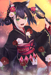  :d animal_ear_fluff animal_ears bad_id bad_pixiv_id bell black_hair black_kimono blush braid cat_ears cat_girl commentary_request cowboy_shot crown_braid female floral_print flower frilled_sleeves frills gradient_background green_eyes hagoita hair_bun hair_flower hair_ornament hair_stick highres holding ironatsuki japanese_clothes jingle_bell karyl_(new_year)_(princess_connect!) karyl_(princess_connect!) kimono long_sleeves looking_at_viewer multicolored_hair oerba_yun_fang open_mouth paddle pink_flower princess_connect! print_kimono red_flower short_hair single_hair_bun single_side_bun smile solo streaked_hair two-tone_hair v-shaped_eyebrows white_hair wide_sleeves 