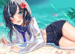  beach black_hair black_shorts blue_eyes blue_necktie blue_sailor_collar blush female flower hair_flower hair_ornament highres long_sleeves low_twintails multicolored_hair necktie nijisanji okutomi_fumi ponto_nei purple_hair sailor_collar shirt shorts solo streaked_hair twintails virtual_youtuber water wet wet_clothes white_shirt 