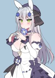  bad_id bad_pixiv_id beret black_ribbon blue_background blue_choker blue_hat blush breasts choker cleavage clming closed_mouth detached_sleeves dress facial_mark female flower girls&#039;_frontline green_eyes grey_hair hair_between_eyes hair_flower hair_ornament hair_ribbon hand_up hat highres hk416_(girls&#039;_frontline) hk416_(herbal-flavored_hard_candy)_(girls&#039;_frontline) juliet_sleeves long_hair long_sleeves looking_at_viewer medium_breasts official_alternate_costume puffy_sleeves ribbon simple_background solo steepled_fingers strapless strapless_dress very_long_hair white_dress white_flower white_sleeves 