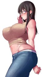  amano_don bad_id bad_twitter_id bare_shoulders black_hair blush breasts crop_top denim female glasses highres jeans large_breasts long_hair looking_at_viewer midriff navel original pants purple_eyes shirt simple_background sleeveless sleeveless_shirt solo sweat thighs white_background 