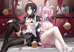  &gt;_&lt; 0_0 2girls absurdres alternate_costume alternate_hairstyle animal_ears apron arm_grab arm_hug azur_lane bikini black_bikini black_hair black_skirt black_thighhighs blue_bow blue_ribbon blunt_bangs bow bowtie breasts bug butterfly cleavage cross_ornament crossed_legs drill_hair ear_piercing enmaided fake_animal_ears garter_straps gloves hand_on_own_knee highres horns knee_up large_breasts light_purple_hair long_hair long_sleeves looking_at_viewer maid maid_headdress manjuu_(azur_lane) micro_bikini multicolored_hair multiple_girls open_mouth panties panties_around_one_leg picture_frame piercing pink_bikini pink_hair pixiv_username pleated_skirt plymouth_(azur_lane) purple_eyes purple_hair rabbit_ears red_bow red_horns ribbon serious shitsurakuen_(paradise_lost) short_hair shrug_(clothing) sitting skirt smile soles spider streaked_hair swimsuit thighhighs thighs twin_drills twintails two-tone_hair ulrich_von_hutten_(azur_lane) ulrich_von_hutten_(mayhem_maid)_(azur_lane) underwear waist_apron white_gloves white_headwear white_thighhighs wrist_ribbon yellow_eyes 