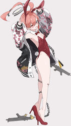  absurdres ahoge animal_ears ass asymmetrical_bangs bad_id bad_pixiv_id bandaid bandaid_on_knee bandaid_on_leg bare_legs bare_shoulders blue_archive blush bow bowtie braid breasts chains commentary detached_collar embarrassed english_commentary fake_animal_ears female grey_background gun halo heel_pop highres jacket legs leotard looking_at_viewer mole mole_under_each_eye mole_under_eye multiple_moles neru_(blue_archive) neru_(bunny)_(blue_archive) ocha_(popopogg) open_mouth orange_hair playboy_bunny rabbit_ears rabbit_pose red_bow red_bowtie red_eyes red_leotard sig_mpx sig_sauer single_braid small_breasts solo strapless strapless_leotard submachine_gun thighs traditional_bowtie weapon 