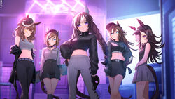  5girls animal_ears bare_shoulders baseball_cap belt black_belt black_headwear black_jacket black_pants black_shorts black_skirt black_socks blue_eyes boc&#039;z_(umamusume) braid breasts brown_hair cheval_grand_(boc&#039;z)_(umamusume) cheval_grand_(umamusume) cleavage closed_mouth collared_jacket commentary cropped_jacket ear_covers ears_through_headwear grey_pants grey_shirt grey_skirt grey_sports_bra hair_between_eyes hair_ornament hair_over_one_eye hairclip hand_on_own_hip hat highres hokko_tarumae_(boc&#039;z)_(umamusume) hokko_tarumae_(umamusume) holding holding_clothes holding_hat holding_skateboard horse_ears horse_girl horse_tail jacket jacket_partially_removed katuko_deluxe kneehighs large_breasts long_braid long_hair long_sleeves looking_at_viewer matikane_tannhauser_(boc&#039;z)_(umamusume) matikane_tannhauser_(umamusume) medium_breasts medium_hair midriff miniskirt mr._c.b._(boc&#039;z)_(umamusume) mr._c.b._(umamusume) multicolored_hair multiple_girls navel off_shoulder official_alternate_costume pants parted_lips pleated_skirt purple_eyes rice_shower_(boc&#039;z)_(umamusume) rice_shower_(umamusume) shirt short_hair short_hair_with_long_locks shorts sidelocks single_sleeve skateboard skirt small_breasts socks sports_bra standing streaked_hair tail tilted_headwear trait_connection twin_braids umamusume unworn_hat unworn_headwear yellow_eyes 