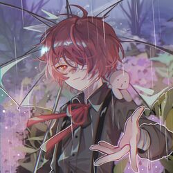  1boy bad_id bad_twitter_id black_shirt commentary creature flower fukase hair_over_one_eye holding holding_umbrella hydrangea light_smile looking_at_viewer neck_ribbon nu_nu_s2 o3o on_shoulder one_eye_covered outstretched_arm pink_flower point_(vocaloid) rain reaching reaching_towards_viewer red_eyes red_hair red_ribbon ribbon shirt transparent transparent_umbrella umbrella upper_body vocaloid 