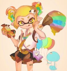  :q bag balloon bandage_on_knee bandages black_skirt blonde_hair clothes_around_waist collared_shirt female food giant_brush hair_ornament hairclip hand_on_own_head hand_up highres holding holding_balloon holding_food holding_paintbrush holding_weapon inkling inkling_girl inkling_player_character jacket jacket_around_waist jellyfish_(splatoon) kurea0399 looking_at_viewer necktie paintbrush pointy_ears purple_bag rainbow_order shirt short_hair simple_background skirt sleeves_rolled_up splatoon_(series) squid standing tongue tongue_out twintails upper_body v-shaped_eyebrows weapon white_background white_shirt yellow_eyes yellow_necktie 