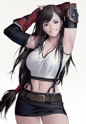  armpits arms_behind_head arms_up asymmetrical_bangs bad_id bad_twitter_id belt biting_own_lip black_hair black_skirt breasts brown_belt brown_hair cleavage collarbone commentary cowboy_shot crop_top dangle_earrings dongho_kang earrings english_commentary female final_fantasy final_fantasy_vii gloves head_tilt jewelry large_breasts long_hair looking_at_viewer low-tied_long_hair midriff miniskirt navel oerba_yun_fang pencil_skirt red_eyes red_gloves simple_background skirt smile solo standing stomach suspender_skirt suspenders tank_top teeth tifa_lockhart very_long_hair white_background white_tank_top 