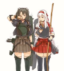  2girls aged_down armband arrow_(projectile) blush boots bow bow_(weapon) brown_gloves brown_hakama closed_mouth flight_deck gloves green_hair hair_ribbon hakama hakama_short_skirt hakama_skirt headband holding holding_bow_(weapon) holding_weapon japanese_clothes kantai_collection long_hair multiple_girls muneate one_eye_closed partially_fingerless_gloves quiver red_hakama ribbon rigging rubbing_eyes shoukaku_(kancolle) shoukaku_kai_ni_(kancolle) simple_background single_glove skirt smoke tasuki thigh_boots thighhighs twintails weapon weidashming white_background white_hair yugake zuikaku_(kancolle) zuikaku_kai_ni_(kancolle) 