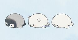  animal_focus ayu_(mog) baby_penguin bear bird blue_background chibi lying no_humans on_stomach original penguin polar_bear seal_(animal) signature simple_background 