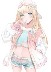  absurdres backwards_hat baseball_cap blonde_hair blue_bow blue_eyes blue_shirt blue_shorts blush bow braid cropped_shirt female flat_chest hair_ornament hairbow hand_in_pocket hat highres hololive jacket kazama_iroha kazama_iroha_(streetwear) leaf_hair_ornament letterman_jacket long_hair looking_at_viewer navel official_alternate_costume pink_headwear pink_jacket shirt short_shorts shorts tilu twin_braids virtual_youtuber white_background 