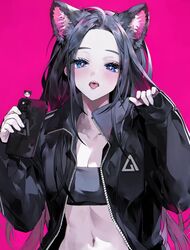  animal_ear_fluff animal_ears black_hair black_jacket black_tank_top black_theme blush breasts bright_pupils cat_ears cellphone cleavage collarbone commentary crop_top female forehead highres holding holding_phone jacket long_hair looking_at_viewer muaooooo nyan open_clothes open_jacket original phone pink_theme red_background sharp_teeth simple_background stomach tank_top teeth thighhighs tongue tongue_out upper_body very_long_hair zipper 