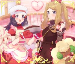  2girls :d alcremie alcremie_(strawberry_sweet) apron bag blush bow brown_dress clock closed_mouth commentary_request cupboard dawn_(palentine&#039;s_2021)_(pokemon) dawn_(pokemon) dress eyelashes fingernails framed grey_eyes hair_ornament hairbow hairclip hands_up hat holding holding_strap indoors kitchen light_brown_hair long_hair long_sleeves mittens multiple_girls nail_polish official_alternate_costume open_mouth oven_mitts pink_bow pink_nails pokemon pokemon_(creature) pokemon_masters_ex pouch red_dress red_mittens remotarou serena_(palentine&#039;s_2021)_(pokemon) serena_(pokemon) shelf short_sleeves shoulder_bag sidelocks smile steam sunglasses tongue unworn_eyewear whimsicott white-framed_eyewear 