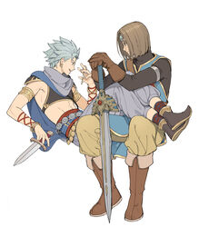  2boys abs absurdres armlet armor bangle black_footwear black_shirt blue_hair blue_pants blue_scarf bob_cut boots bracelet brown_footwear brown_gloves brown_hair camus_(dq11) crop_top dragon_quest dragon_quest_xi fingernails forehead_protector full_body gloves hand_up hands_on_hilt happy hero_(dq11) highres holding holding_knife invisible_chair jewelry key knee_boots knife leaning_back legs_on_another&#039;s_lap long_sleeves looking_at_another looking_away looking_to_the_side male_focus midriff multiple_boys outstretched_arm own_hands_together pants pants_tucked_in pauldrons pointy_footwear profile reclining ricemune723623 sash scarf shirt shoe_soles shoes short_hair shoulder_armor simple_background sitting sleeveless smile spiked_hair tabard tight_clothes tight_shirt toned toned_male turtleneck white_background yellow_pants 