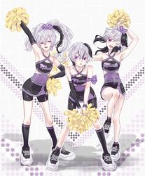  3girls androgynous arm_up armpits asymmetrical_legwear bare_shoulders bike_shorts black_dress black_legwear cheerleader commentary criss-cross_halter dated dress emu_(marico_w) flat_chest flower_(gynoid_talk) flower_(vocaloid) flower_(vocaloid3) flower_(vocaloid4) full_body gynoid_talk half-closed_eyes halterneck highres holding holding_pom_poms kneehighs leaning_forward looking_at_viewer medium_hair multicolored_hair multiple_girls multiple_persona narrow_waist one_eye_closed open_mouth outstretched_arm pom_pom_(cheerleading) purple_hair shoes short_hair smile sneakers socks standing streaked_hair twitter_username uneven_legwear vocaloid white_hair 