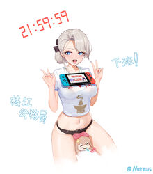  +_+ :d a-soul absurdres ava_(a-soul) bella_(a-soul) between_legs black_panties blue_eyes bra_visible_through_clothes breasts character_doll chinese_commentary chinese_text commentary_request cowboy_shot crop_top diana_(a-soul) double_v eileen_(a-soul) female grey_hair hair_bun highres large_breasts looking_at_viewer midriff nail_polish navel navel_piercing nintendo_switch object_on_breast open_clothes panties piercing shirt short_hair short_sleeves single_hair_bun sitting smile solo ta03545 translated underwear v virtual_youtuber white_shirt 