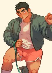  1boy bara black_hair blush bulge canine dark-skinned_male dark_skin dolphin_shorts earrings feet_out_of_frame hand_up hiding hiding_behind_another highres holding holding_leash jacket jewelry large_pectorals leash leg_hair lim_kim-liong_(shan) long_sideburns looking_at_viewer male_focus muscular muscular_male open_clothes open_jacket original pectorals shan_(shanshankuo) shirt short_hair shorts shy sideburns socks solo thick_eyebrows thighs topless_male white_shirt 