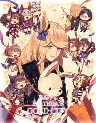  1boy 6+girls absurdres ahoge animal_ears bad_id bad_pixiv_id bamboo_memory_(umamusume) belt black_hair blonde_hair blue_hair bow brown_hair character_name chibi closed_eyes confetti daitaku_helios_(umamusume) ear_bow ear_covers faceless faceless_female faceless_male gift gold_city&#039;s_manager gold_city_(umamusume) grey_hair hairband hands_up happy_birthday headband highres holding holding_stuffed_toy horse_ears horse_girl inari_one_(umamusume) jacket jugemu_(qqkyon) mask mask_on_head mejiro_palmer_(umamusume) midriff multiple_girls necktie oguri_cap_(umamusume) open_clothes open_jacket open_mouth pants scarf shoes short_shorts shorts skirt stuffed_animal stuffed_toy t-head_trainer tamamo_cross_(umamusume) tosen_jordan_(umamusume) trainer_(umamusume) twintails umamusume yukino_bijin_(umamusume) 