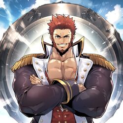  1boy alternate_facial_hair bara beard blue_eyes brown_hair cannon commission cross_scar crossed_arms epaulettes facial_hair fate/grand_order fate_(series) forearms fringe_trim frown fuse_ryuuta grin highres huge_weapon jacket large_pectorals leather leather_jacket long_sleeves looking_at_viewer male_focus mature_male military military_uniform muscular muscular_male napoleon_bonaparte_(fate) noble_phantasm_(fate) open_clothes open_jacket open_shirt partially_unbuttoned pectoral_cleavage pectoral_lift pectorals scar scar_on_chest short_hair sideburns skeb_commission smile solo uniform upper_body weapon 