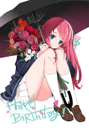  black_jacket black_umbrella blue_eyes bouquet bow brown_footwear closed_mouth commentary da_huang english_commentary english_text female flower green_bow hairbow happy_birthday holding holding_bouquet holding_umbrella jacket leaning_forward loafers long_hair long_sleeves looking_at_viewer minamoto_sakura miniskirt pink_bow pink_flower pink_rose pleated_skirt polka_dot polka_dot_bow red_flower red_hair red_rose rose school_uniform shoes simple_background sitting skirt smile socks solo tulip umbrella white_background white_flower white_skirt white_socks zombie_land_saga 