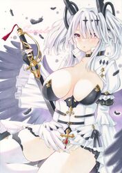  asymmetrical_breasts azur_lane black_feathers black_gloves black_wings breasts breasts_apart center_opening commentary_request feathers female fingerless_gloves gloves hair_ornament hair_over_one_eye highres holding holding_sword holding_weapon joffre_(azur_lane) large_breasts marker_(medium) purplepencil red_eyes solo sword thighhighs traditional_media weapon white_hair white_thighhighs wings 